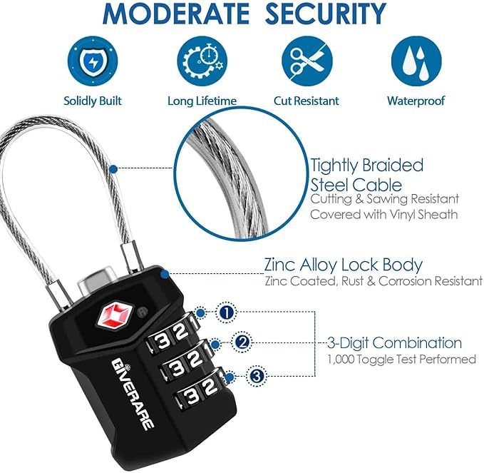2 Pack TSA Approved Travel Luggage Locks, Cable Combination Lock Alloy, Metal Keyless 3-Digit Padlocks, Weatherproof TSA Accepted Padlock for Gym Locker, Golf Bag Case, Backpack, Black-by GIVERARE