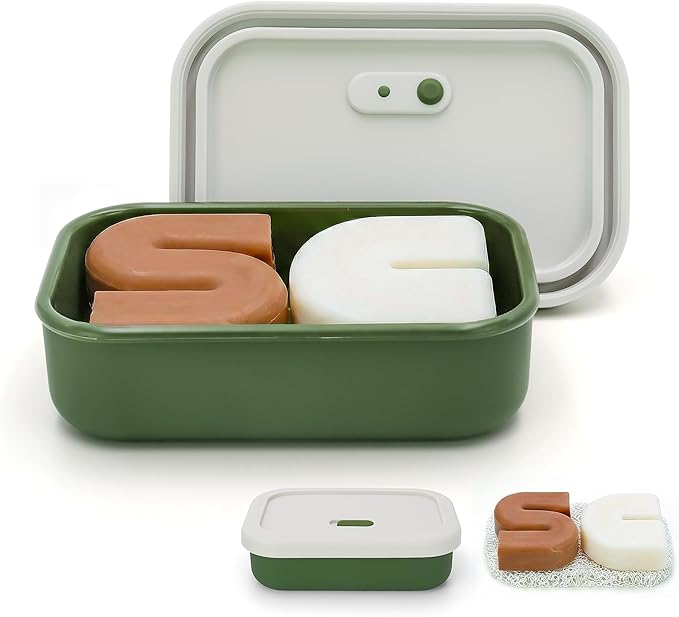 AIDIMMING Silicone Enhanced Leak Proof Travel Soap Case, Vented Shampoo Bar Holder, Large Bar Soap Box with Lid Portable Soap Dish with Draining Layer (Offwhite& Green)