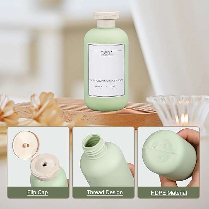 6.8oz Travel Bottles for Toiletries, Empty Plastic Squeeze Bottles with Flip Cap, Lotion Container for Toiletries Travel Size Shampoo and Conditioner (3 pack Green)