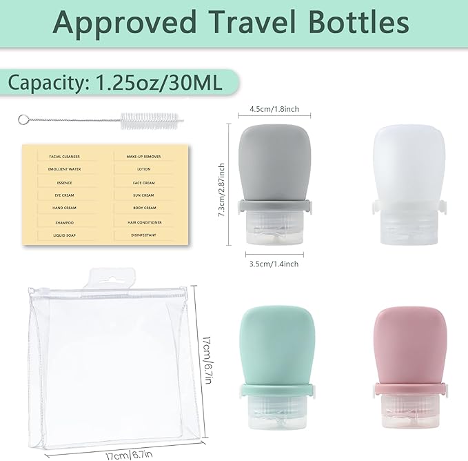 Silicone Travel Bottles Set for Toiletries, Leak Proof Refillable Squeezable Containers, Travel Containers 38ml（1.3oz） for Shampoo Conditioner Lotion Liquids, with Storage Bag Tag
