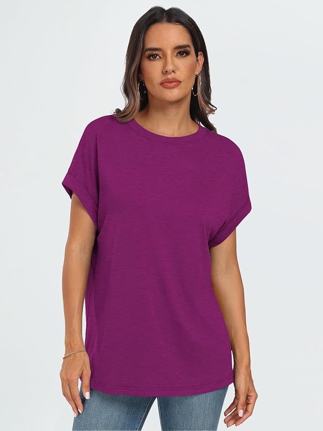 AUTOMET Women's Oversized Short Sleeve T Shirts Casual Drop Shoulder Rolled Cuff Summer Tops for Work, Travel and Lounge
