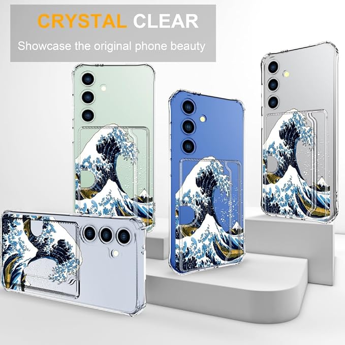 Compatible with Samsung Galaxy S24 / S25 Case Card Holder for Women Cute Design,Wallet Phone Cases Transparent Cool Kawaii Protective (Clear Blue Wave)