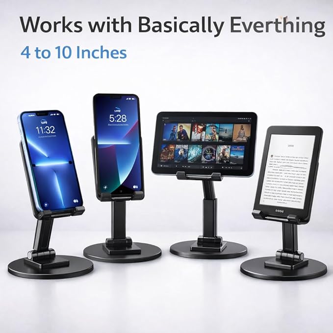 Mizi Portable Cell Phone Stand for Desk - Height & Angle Adjustable Mobile Foldable Holder, Compatible with iPhone 17 16 15 14 13 12 11 Pro Max, Galaxy S25 S24, All 4–10" Devices - Black