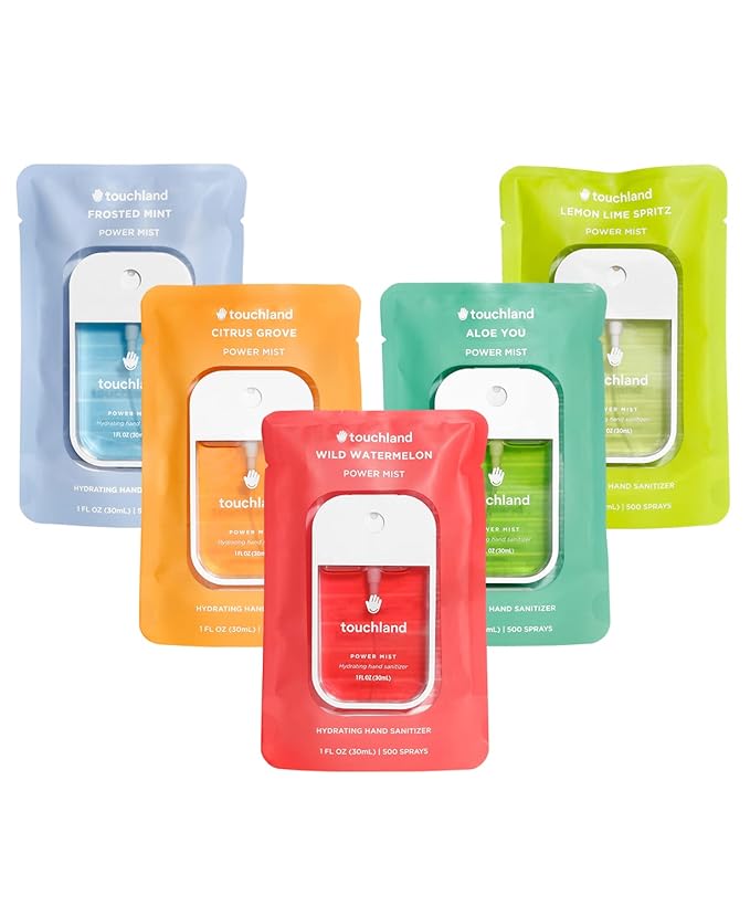 Touchland Hydrating Hand Sanitizer Spray – Fresh 5 Set (Frosted Mint, Citrus Grove, Lemon Lime, Aloe You, Wild Watermelon) – 5 x 1 FL OZ Travel Size Mists