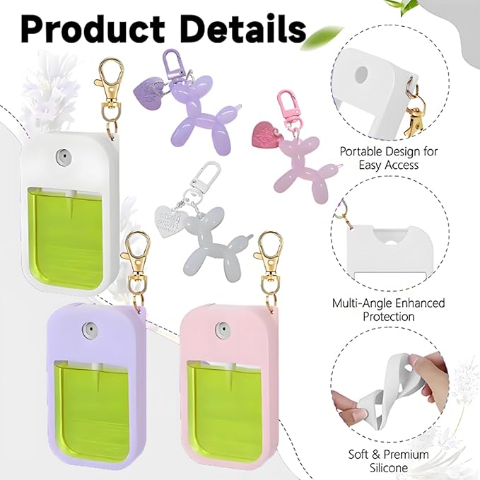Silicone Case Compatible with Touchland Hand Sanitizer Spray, Protective Case with Jelly Balloon Dog Design Keychain for Power Mist and Glow Mist 1Fl Oz, Hand Sanitizer Spray Accessory (White)