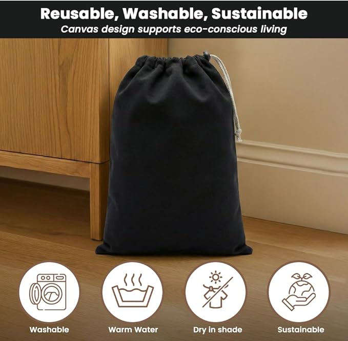 LFH Cotton Rich Shoe Storage Bags with Drawstring, Dustproof Breathable Reusable Organizer, Perfect For Travel, Dorm, Hotel, College, Gym, Machine Washable 8"x17" (Pack of 4) - Black sand