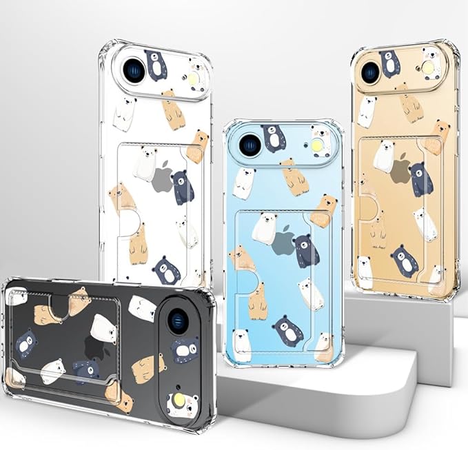 Compatible with iPhone 17 Air Case Card Holder for Women Cute Design,Wallet Phone Cases Transparent Cool Kawaii Protective (Clear Lovely Bears Funny)