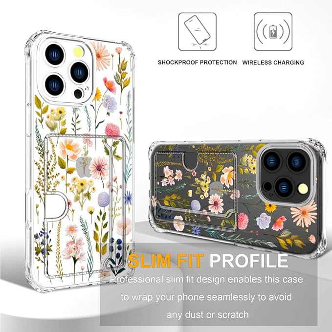 Compatible with iPhone 16 Pro Max Case Card Holder for Women Cute Design,Wallet Phone Cases Transparent Cool Kawaii Protective (Clear Watercolor Floral)