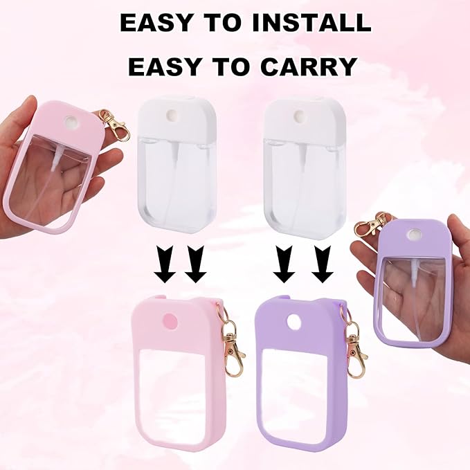 lasuroa 2pcs Hand Sanitizer Spray Case, Thickened Protective Silicone Case Compatible with Touchland Hand Sanitizer Spray with Keychain for 1 Fl Oz Portable Accessory (Pink, Purple)