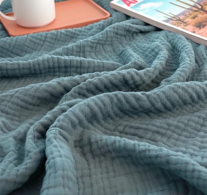 KyraHome Muslin Blankets for Adults, 100% Organic Cotton Blanket Plant Dyed, Breathable Lightweight Gauze Throw Blanket for Couch, All Season, 50"x60" (Slate Blue)