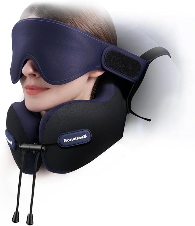 Travel Pillow, Neck Pillow Airplane with 3D Eye Mask & Seat Strap for Long Flight Sleep Road Trip, Dual-Density Supportive Foam, 360°Support Head, Neck & Chin Travel Essential Black & Purple