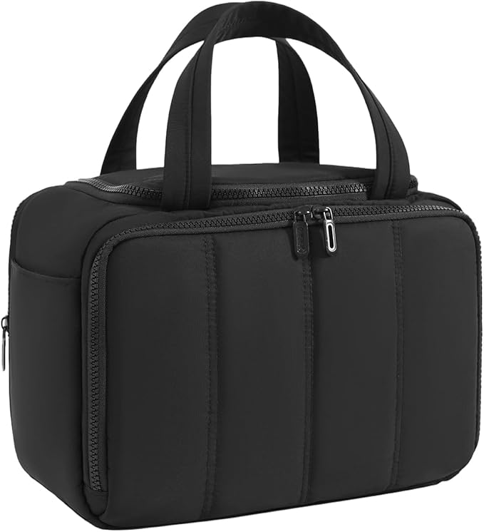 Toiletry Bag for Women Puffy Large,Travel Makeup Bag,Large Toiletry Bag with Adjustable Dividers,Waterproof Cosmetic Travel Bag with Trolley Sleeve,Toiletries Organizer,Black