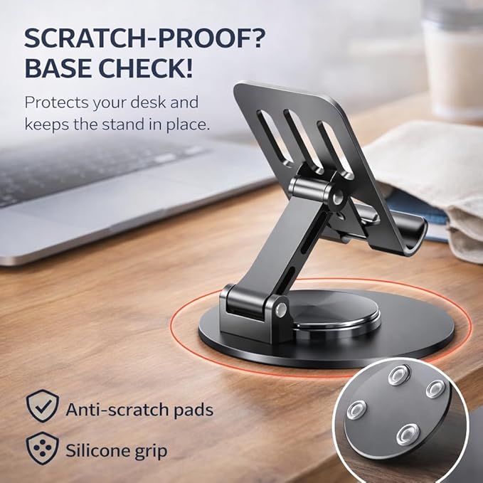 Mizi Universal Metal Phone Stand - 360°/720° Adjustable Rotation Desk Holder, Foldable & Stable with Non-Slip Weighted Base, Compatible with iPhone 17/16/15/14/13/12 Pro Max & All Smartphones - Grey