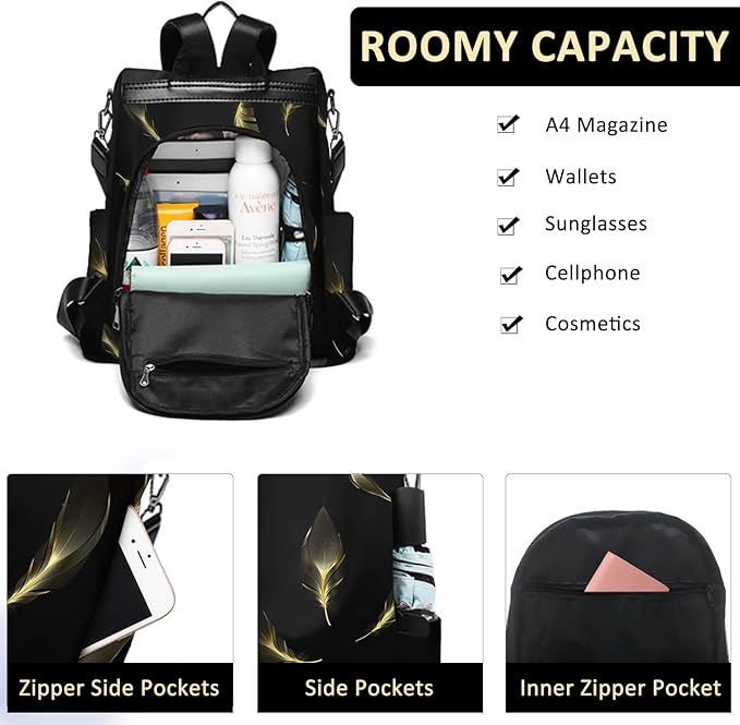 Fmeida Travel Backpack Purse for Women Anti Theft Convertible Backpacks Fashion Waterptoof Nylon Daypack Black Feather