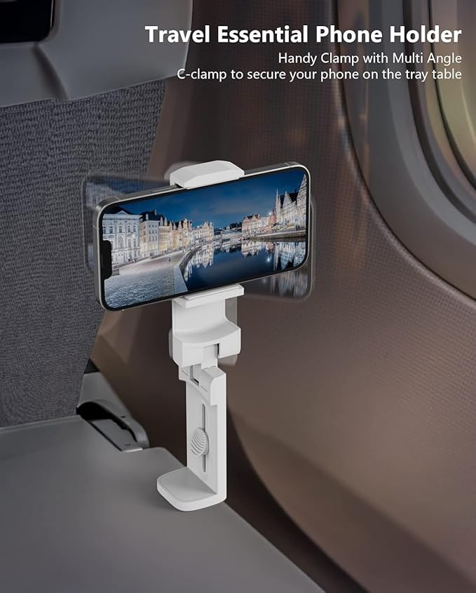Airplane Travel Essentials Phone Holder, Universal Handsfree Phone Mount for Flying with 360 Degree Rotation, Accessory for Airplane, Travel Must Haves Phone Stand for Desk (White)