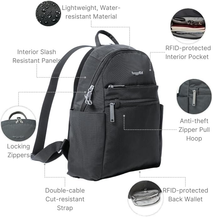 Baggallini Securtex® Anti-theft Vacation Travel Backpack 10x13 Slash-Resistant Nylon Daypack w/RFID, Charcoal