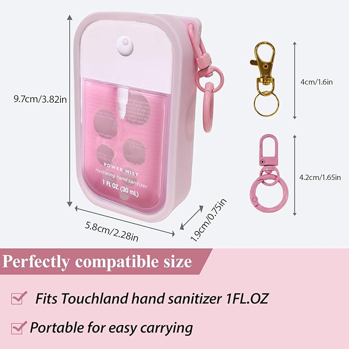 Silicone Case for Touchland Hand Sanitizer Spray 1 fl oz,Protective Case with Dual Keychains and Back Hole Design,Portable Hand Sanitizer Holder Keychain for Daily Outings, Travel & More (Pink)