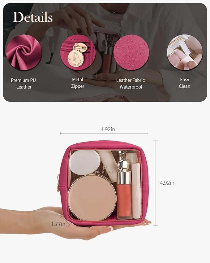Pocmimut Clear Makeup Bag, Easy to Find Mini Makeup Bag for Purse, Travel Makeup Bag for Car, Compact Cosmetic Pouch for Daily Essentials,Hot Pink