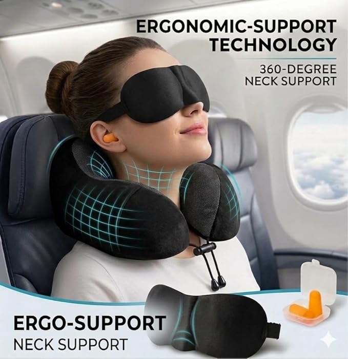 Airplane Travel Neck Pillow, 100% Memory Foam Ergonomic Neck Support, Airplanes Neck Pillow with Washable Cover Travel Essential for Flight & Office Include Eye Mask, Earplugs & Carry Bag (Black)