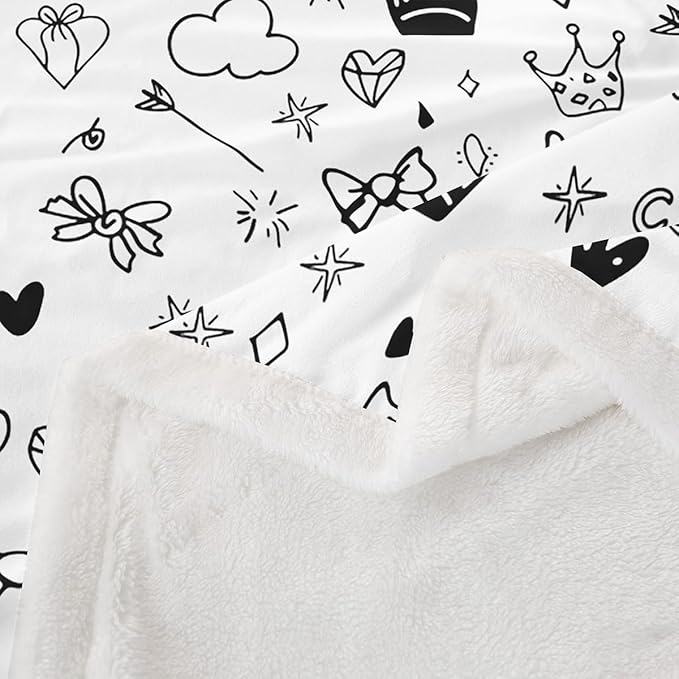 Cartoon Crowns Kids Throw Blanket,Bowknot Diamond Cute Bed Blanket for Girls Boys Adults,Starry Sky Romantic Fleece Blanket,Black White Unique Fuzzy Blanket,Throw Size (50 x 60 Inches)