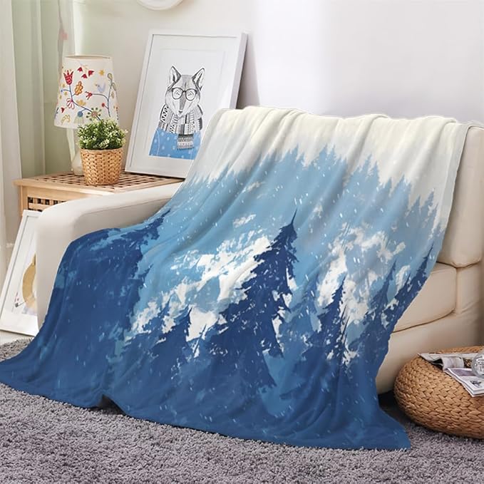 Snow Winter Throw Blanket, Navy Blue Fleece Blanket for Couch Bed Sofa, Pine Tree Blankets and Throws, Nordic Watercolor Super Soft Cozy Plush Flannel Blanket 30x40, Decor & Gift
