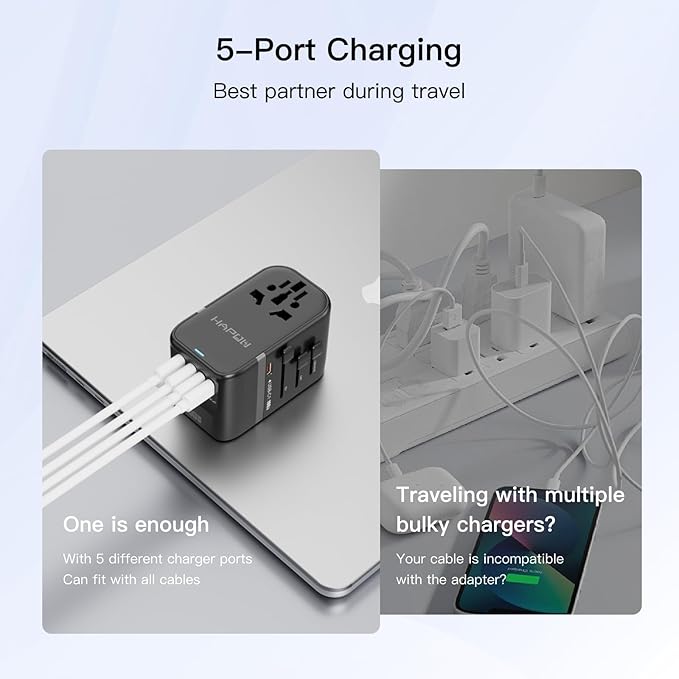 HAPOW Universal Travel Adapter, PD100W International Power Adapter,3 USB-C & 2 USB-A Fast Charging Travel Charger, All in One Worldwide Travel Plug Adapter, Outlet Adapter for EU UK USA AU, Black