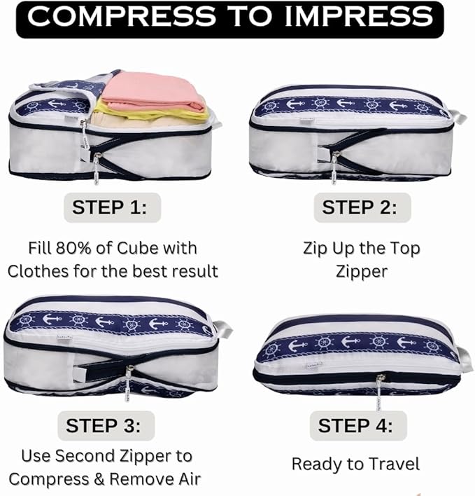Large Compression Packing Cubes for Travel 6pc Set - Fits Carry On Suit Case & Checked Luggage, Organizer Luggage Packing Cubes for Travel & Home, with Drawstring Backpack/Laundry Bag