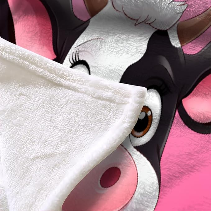 Cow Print Blanket Twin Size, Fleece Blanket for Couch Bed Sofa, Pastel Color Blankets and Throws, Pink Solid Super Soft Cozy Plush Flannel Blanket, 70 x 90 in, Cartoon Animals