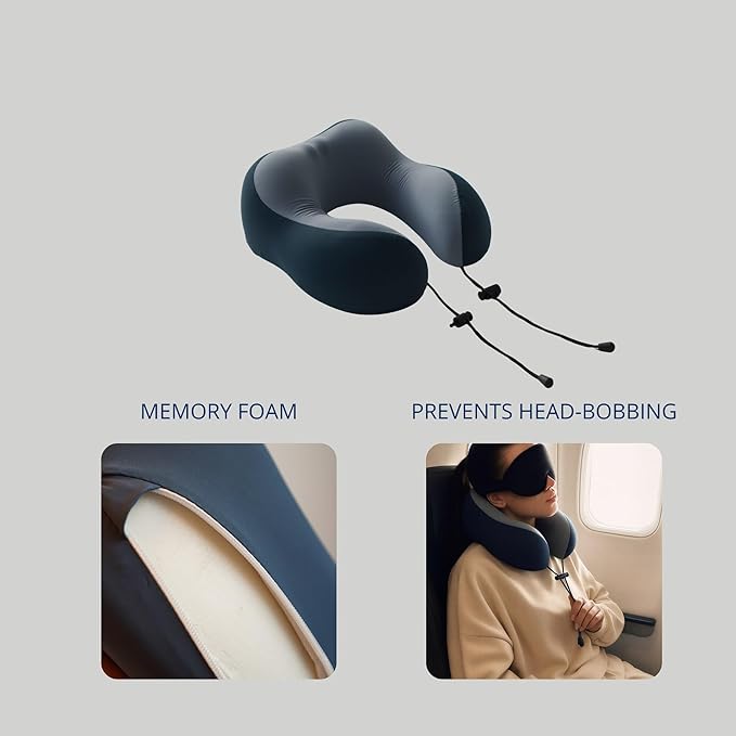 Travel Pillow Set – Memory Foam Neck Pillow with 3D Sleep Mask, Eye Mask for Sleeping, Free Earplugs & Compact Case, Travel Essentials for Airplane, Gift for Men & Women