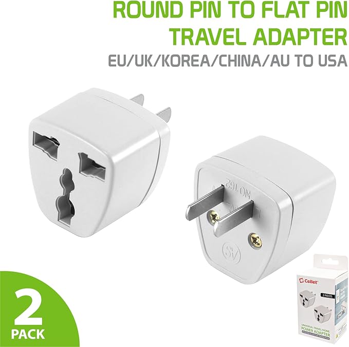 Cellet Universal Travel Adapter: Seamless Plug Conversion for International Travelers AC Wall Power Adapter to Convert China, UK, AU, EU & Other Plugs to US, Mexico, Canada Plug (2PACK) (Type-A)