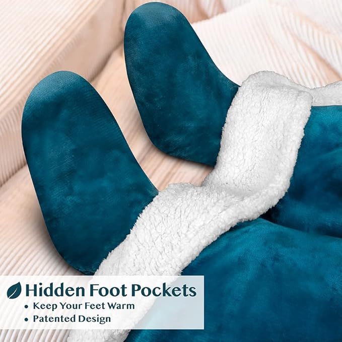 PAVILIA Sherpa Blanket with Sleeves, Foot Pocket for Women Men Adults, Thick Wearable Blanket Throw Wrap, Fleece Warm Snuggle Blanket Robe, Cozy Gift Ideas Wife Mom, Teal Blue