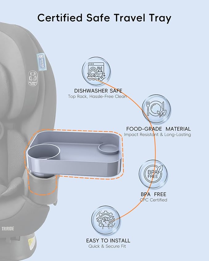 Toddler Car Seat Snack Tray - 3 Inch Cup Holder with Dip Well Fits Most Sippy Cups & Straw Bottles, Mess-Free Square Kids Travel Tray Road Trip Essentials, Grey