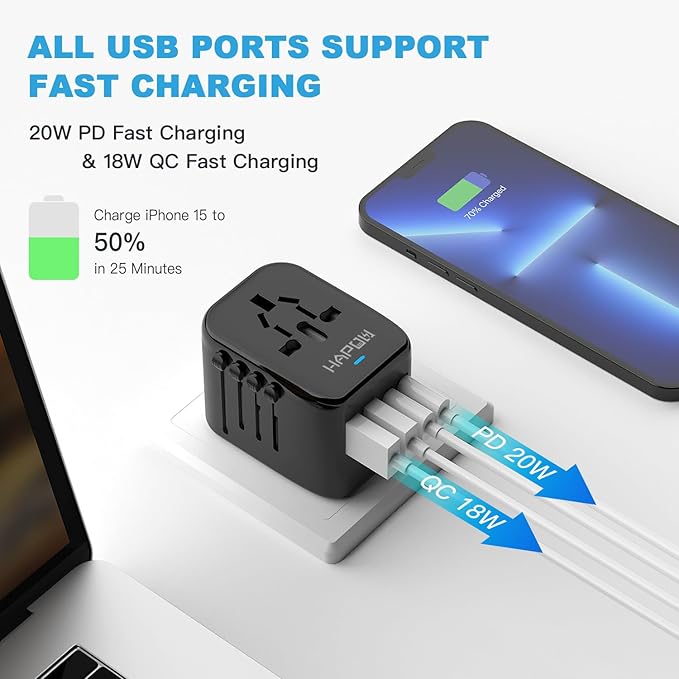 HAPOW Universal Travel Adapter, PD20W International Power Adapter, 2 USB-C & 2 USB-A Fast Charging Travel Charger, All in One Worldwide Travel Plug Adapter, Outlet Adapter for Europe EU UK USA AU
