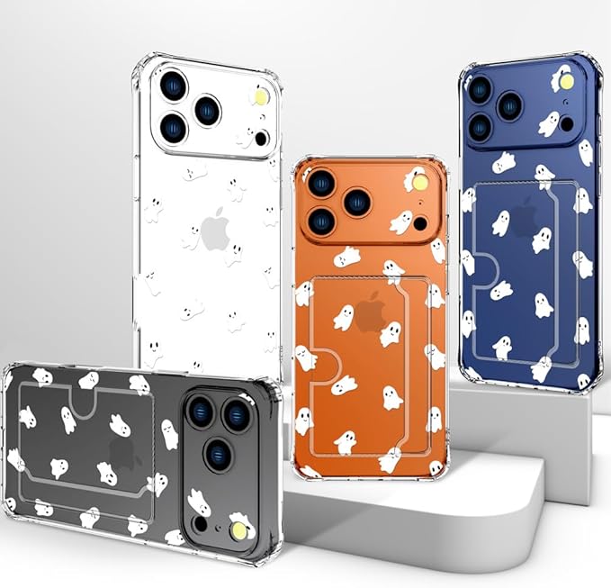 Compatible with iPhone 17 Pro Case Card Holder for Women Cute Design,Wallet Phone Cases Transparent Cool Kawaii Protective (Clear Ghosts Halloween Hallowmas)