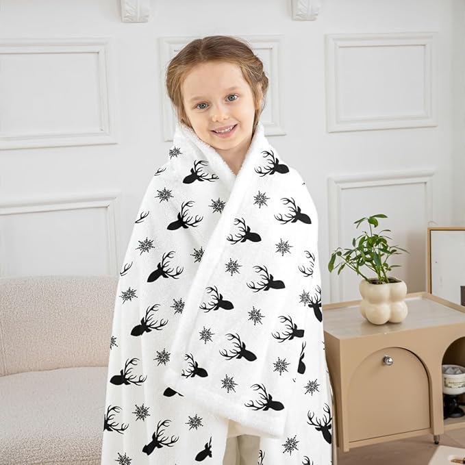 Deer Antlers Kids Throw Blanket,Snowflake Merry Christmas Xmas Bed Blanket for Girls Boys Adults,Rustic Farmhouse Fleece Blanket,Black White Chic Fuzzy Blanket,Baby Size (30 x 39 Inches)