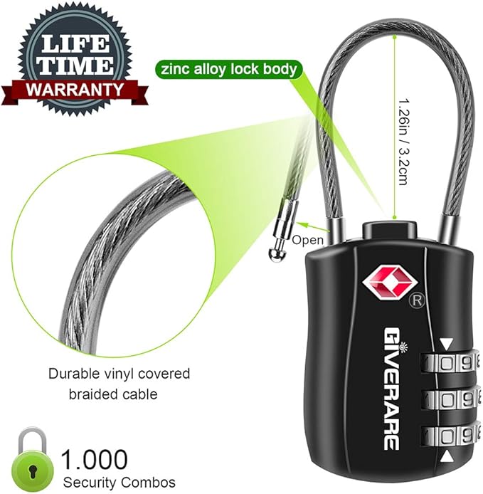 GIVERARE TSA Approved Luggage Locks, Combination Travel Cable Lock, Re-settable 3-Digit Padlocks with Alloy Body, Keyless Travel Sentry Accepted Padlock for Gym Locker, Golf Bag Case, Backpack-Black