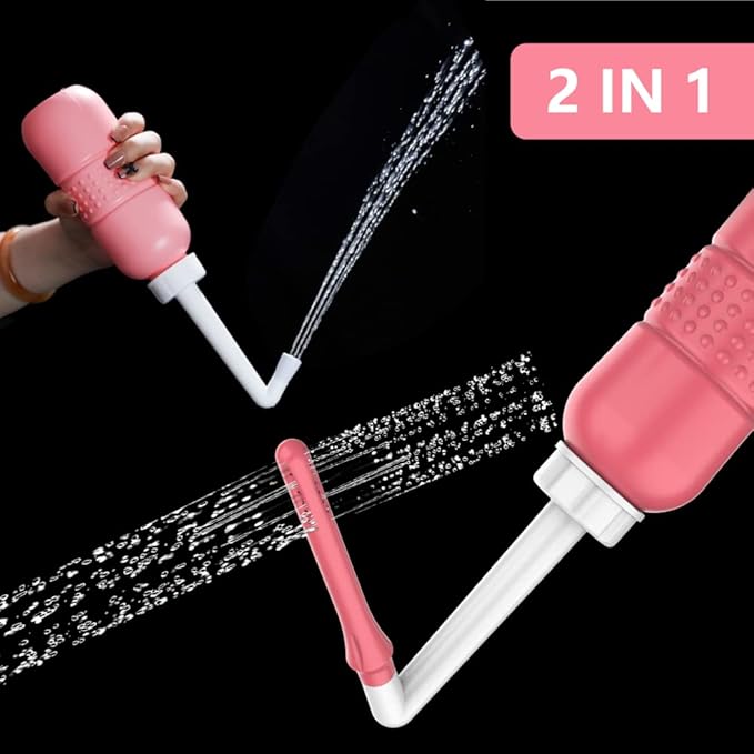 2PCS-Pack 2IN1 Intimate Wash for Women,2 Nozzle（Short+Long）,Portable Bidet Travel Bidets with Waterproof Cap + Storage Bag,Peri Bottle for Postpartum Care (Pink+Green)