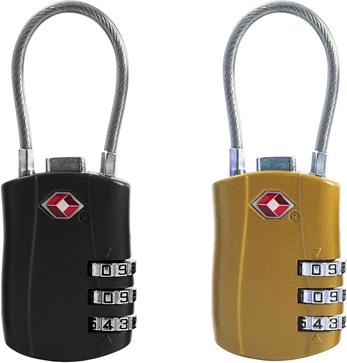 TSA Locks for Luggage, Small Padlock Combination with Cable, Luggage Locks TSA Approved, Combo Padlock with Code, for Travel Suitcase, Gym Locker, Gun Case, Backpack Zipper (Black+Golden)