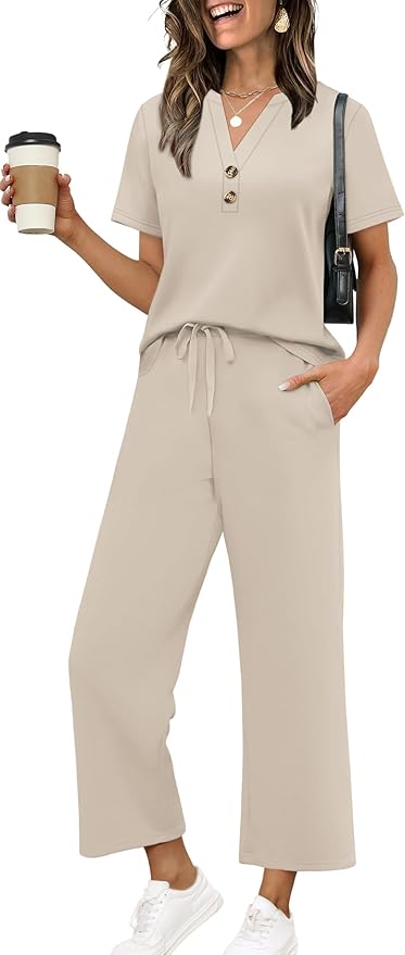 OFEEFAN 2 Piece Sets for Women Spring Fashion Beach Vacation Cruise Outfit Dressy Casual Wide Leg Crop Pants Resort Wear