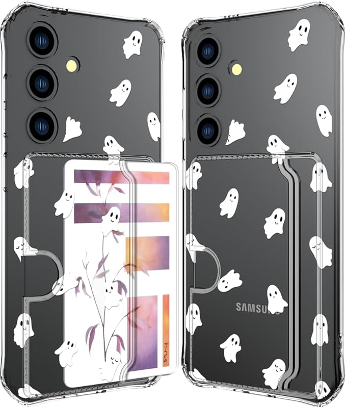 Compatible with Samsung Galaxy S24 / S25 Case Card Holder for Women Cute Design,Wallet Phone Cases Transparent Cool Kawaii Protective (Clear Ghosts Halloween Hallowmas)