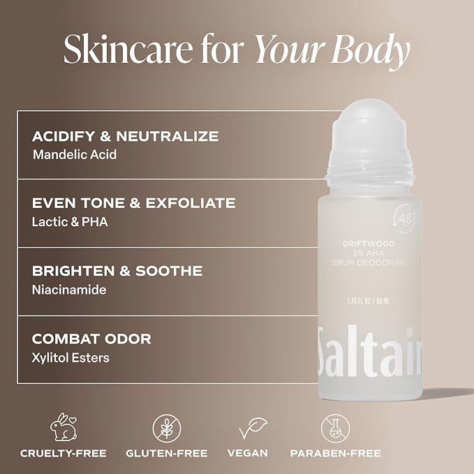 Saltair Serum Deodorant 2 Pack – 5% AHA – Aluminum-Free Odor Control for Women & Men – Mandelic Acid Deodorant with Lactic Acid – Driftwood Scent – 2x 1.7oz Travel Roll On