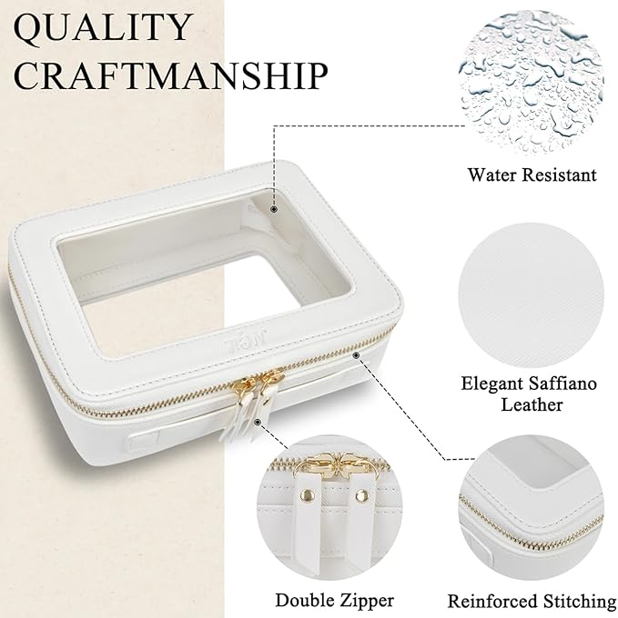 NGIL Clear Faux Leather Travel Toiletry Bag, Makeup Bag Organizer for Women, Clear Window & Gold Zipper Makeup Bag, Road Trip Essential, Skincare, Cruise Ship Essentials (White)