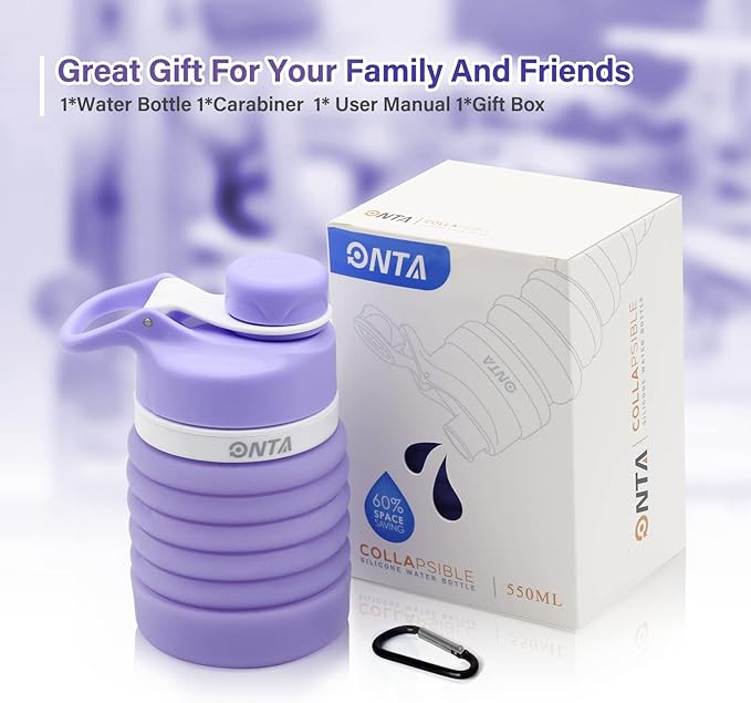 ONTA Collapsible BPA Free Silicone Water Bottle, 20oz - Portable, Leakproof, Easy Clean, Shatter Resistant, Travel Friendly