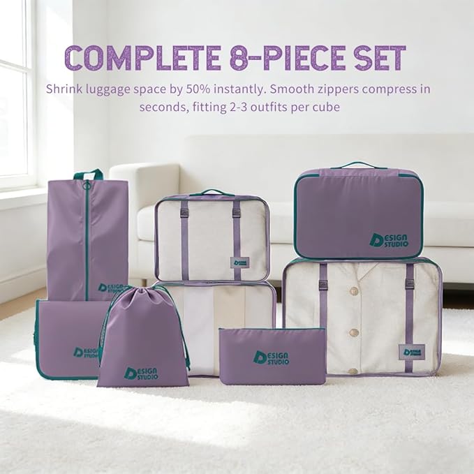 8-Piece Expandable Packing Cubes Set with Hanging Toiletry Bag, Lightweight Compression Travel Organizers for Carry-On Suitcase(Purple)