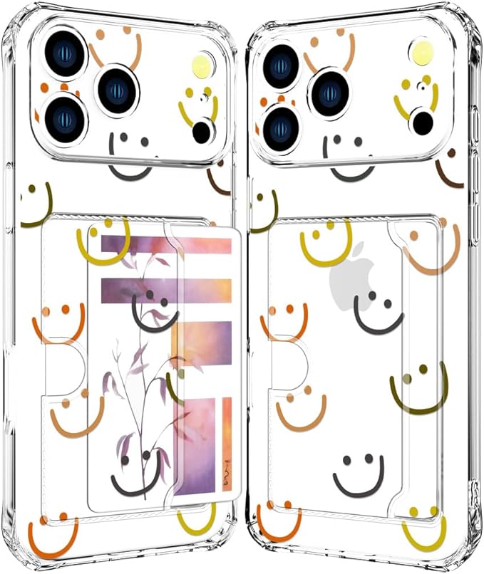Compatible with iPhone 17 Pro Case Card Holder for Women Cute Design,Wallet Phone Cases Transparent Cool Kawaii Protective (Clear Smiley Face)