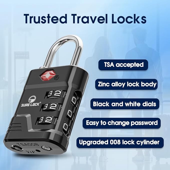 SURE LOCK TSA Approved Luggage Lock – 3-Digit Resettable Combination Padlock with Open Alert Red Dot, Large Easy-Read Dials for Suitcases, Backpacks, Gym & School Lockers