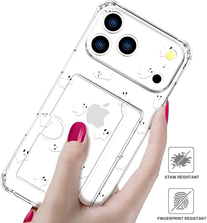 Compatible with iPhone 17 Pro Case Card Holder for Women Cute Design,Wallet Phone Cases Transparent Cool Kawaii Protective (Clear Ghosts Halloween Hallowmas)