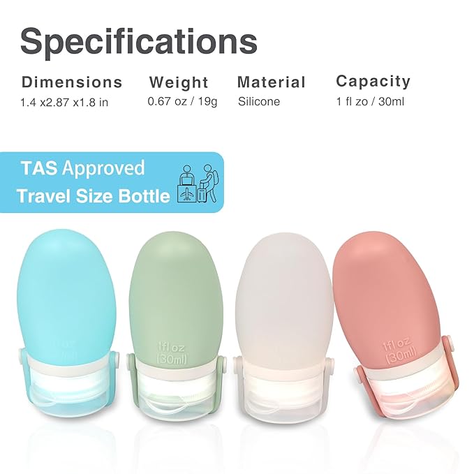 1oz Travel Bottles for Toiletries–4-Pack TSA Approved Silicone Leakproof with Secure Silicone Strap, Reusable Portable Travel Size Containers for Shampoo, Lotion, Gym, Airplane (Multi-Color)