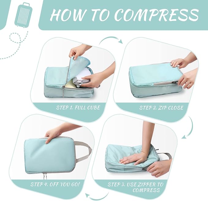 WOOMADA Compression Packing Cubes for Suitcases Travel Essentials 4 Set Expandable Travel Bags Organizer for Luggage(turquoise)