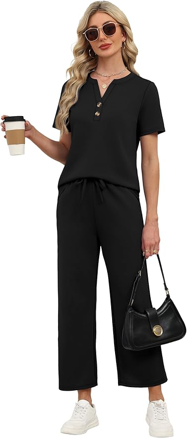 OFEEFAN 2 Piece Sets for Women Spring Fashion Beach Vacation Cruise Outfit Dressy Casual Wide Leg Crop Pants Resort Wear